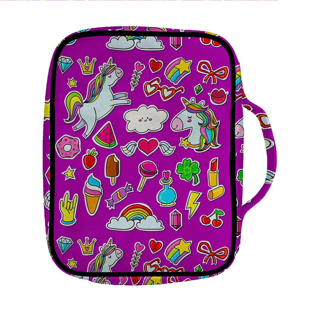 Purple Girly Unicorn Pattern Print Front Pocket Bible Bag