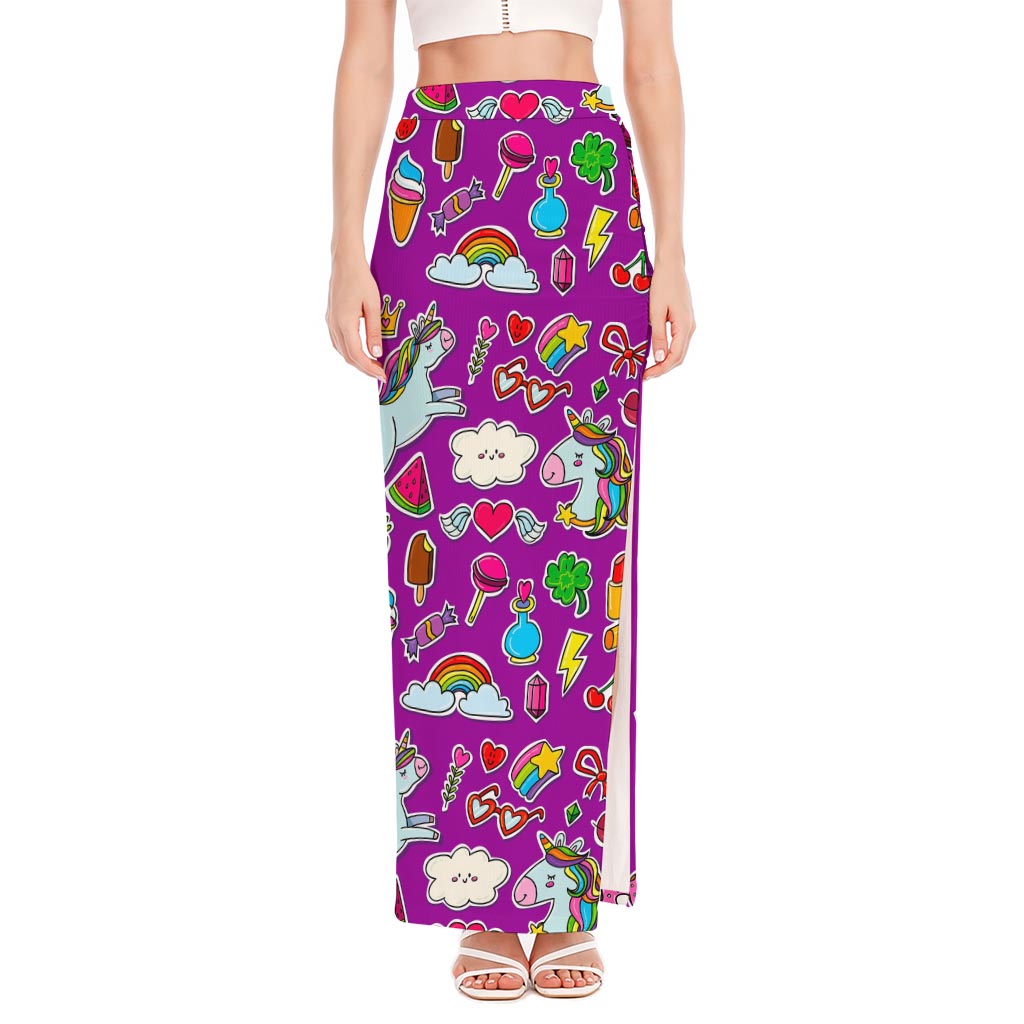 Purple Girly Unicorn Pattern Print High Slit Maxi Skirt