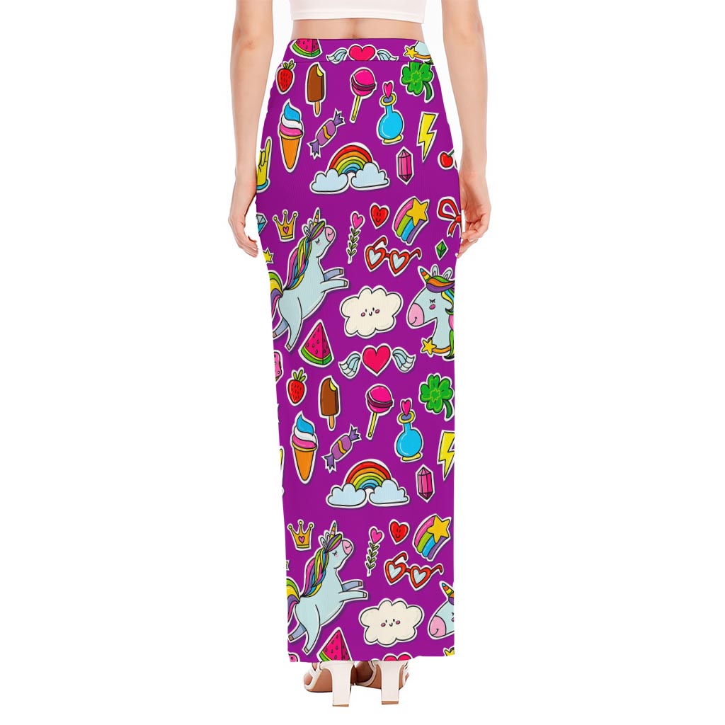 Purple Girly Unicorn Pattern Print High Slit Maxi Skirt