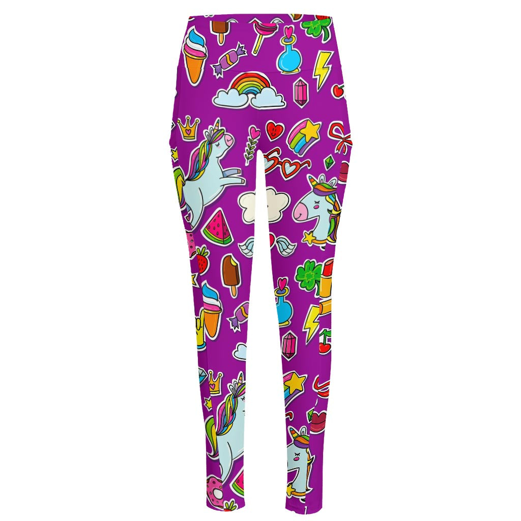 Purple Girly Unicorn Pattern Print High-Waisted Pocket Leggings