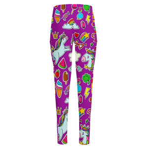 Purple Girly Unicorn Pattern Print High-Waisted Pocket Leggings