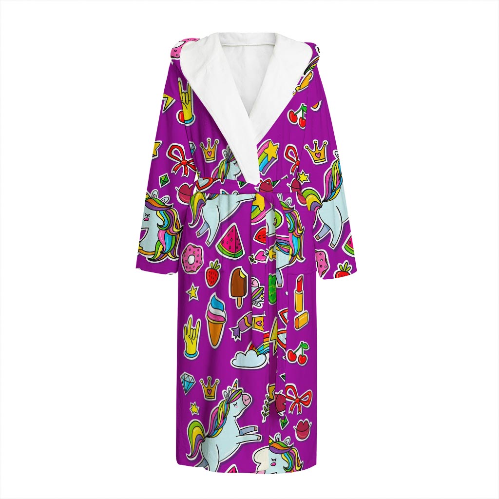 Purple Girly Unicorn Pattern Print Hooded Bathrobe