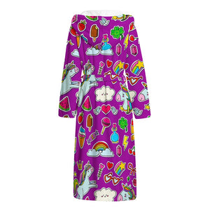 Purple Girly Unicorn Pattern Print Hooded Bathrobe