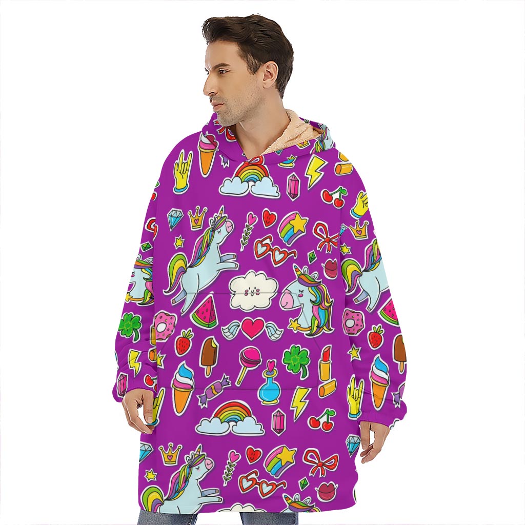 Purple Girly Unicorn Pattern Print Hoodie Blanket