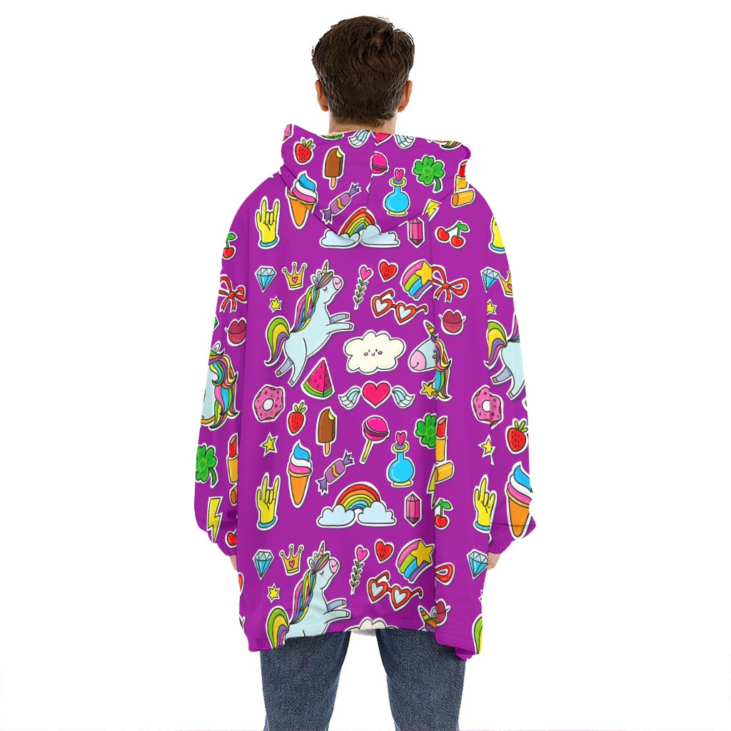 Purple Girly Unicorn Pattern Print Hoodie Blanket