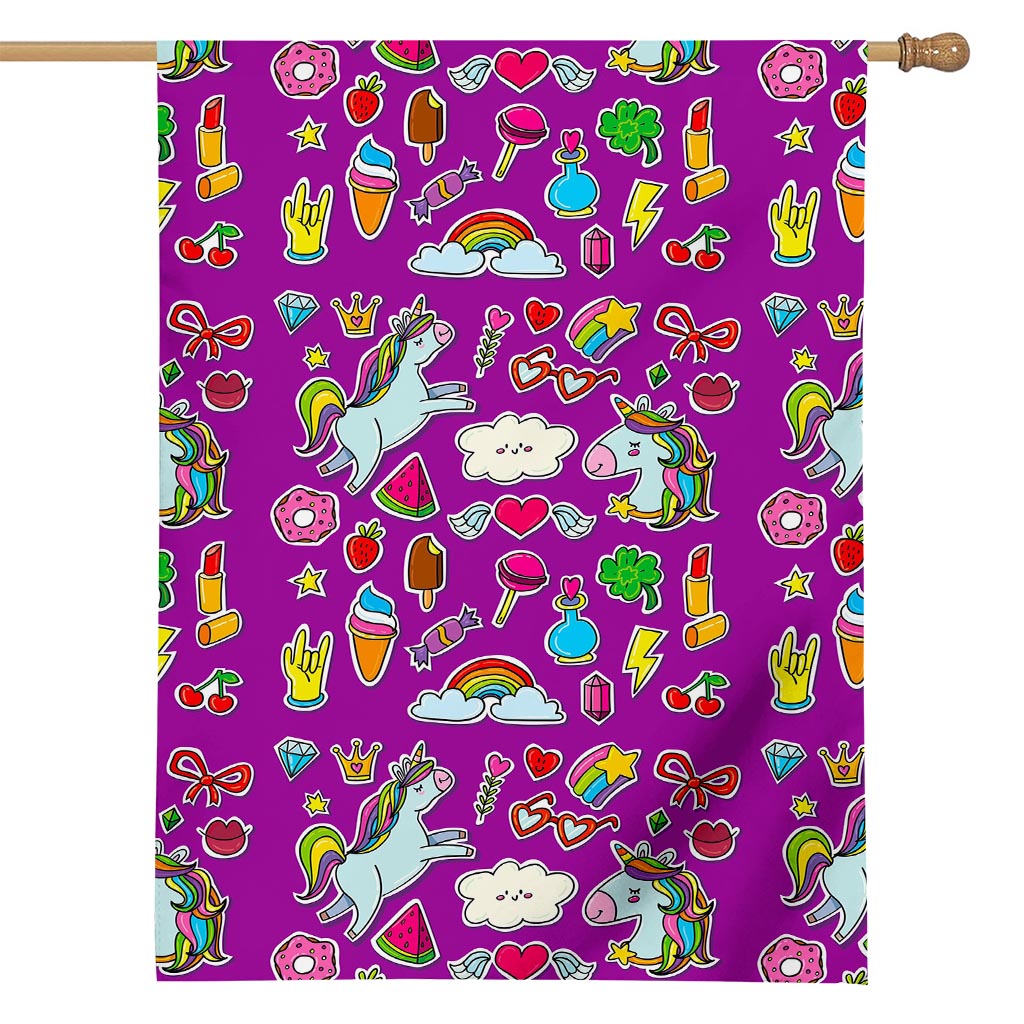 Purple Girly Unicorn Pattern Print House Flag