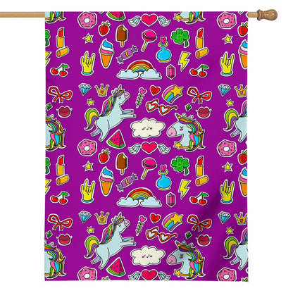 Purple Girly Unicorn Pattern Print House Flag