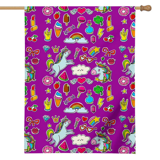 Purple Girly Unicorn Pattern Print House Flag
