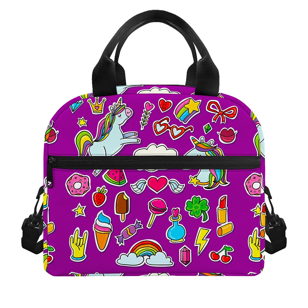 Purple Girly Unicorn Pattern Print Insulated Lunch Bag