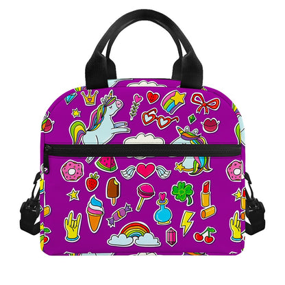Purple Girly Unicorn Pattern Print Insulated Lunch Bag