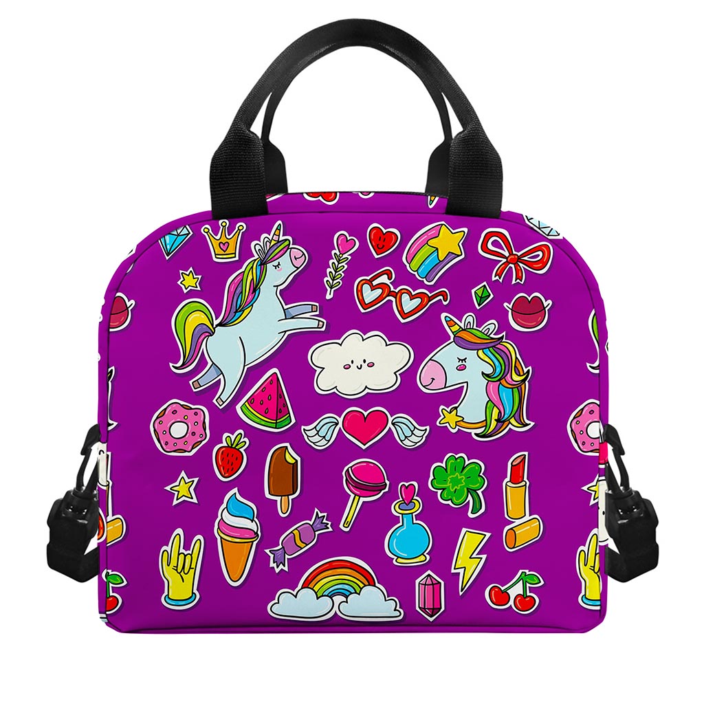 Purple Girly Unicorn Pattern Print Insulated Lunch Bag