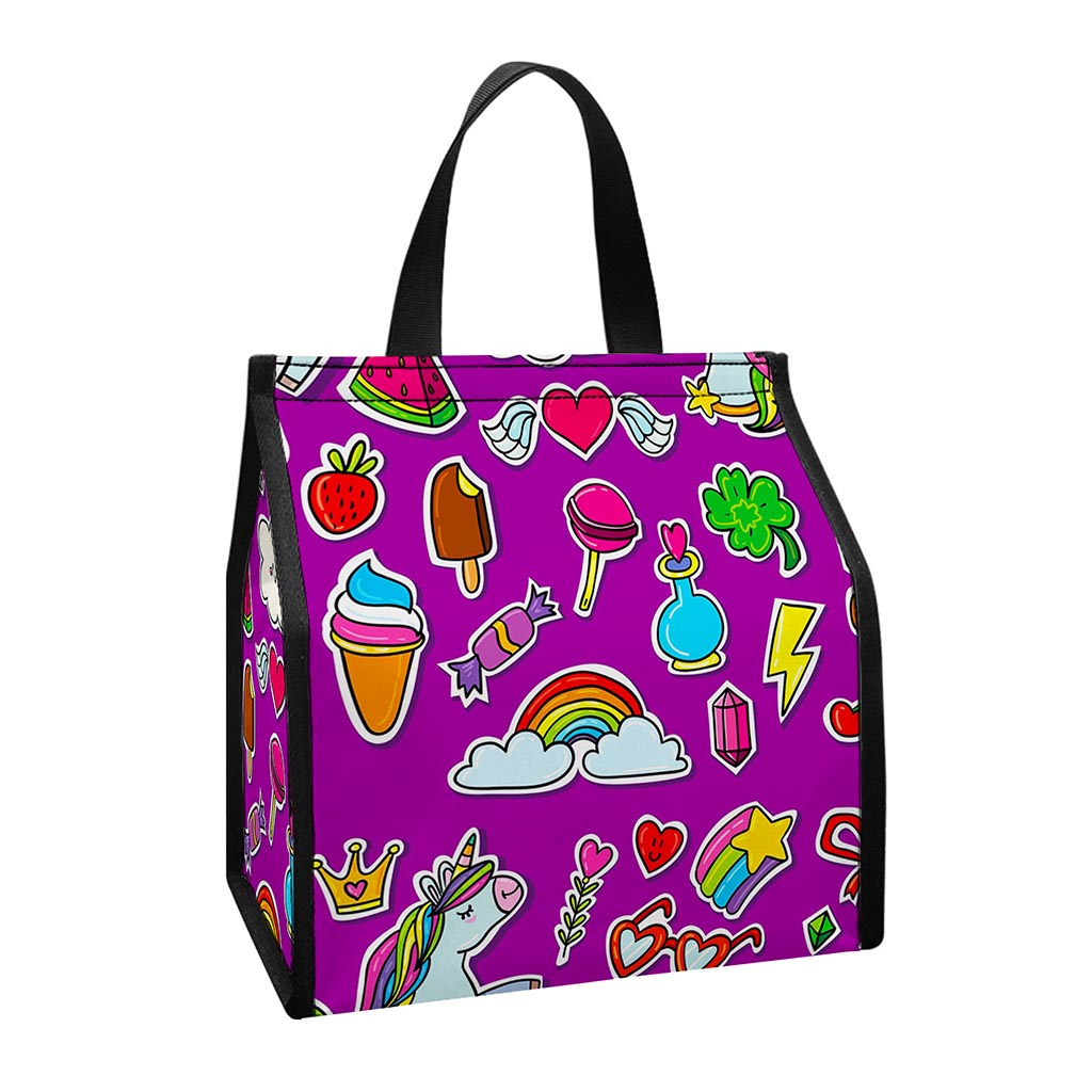 Purple Girly Unicorn Pattern Print Insulated Lunch Tote