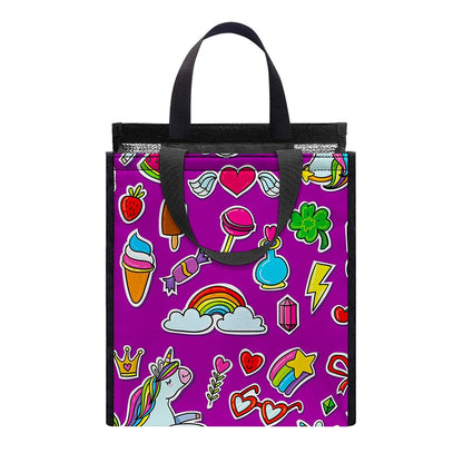 Purple Girly Unicorn Pattern Print Insulated Lunch Tote