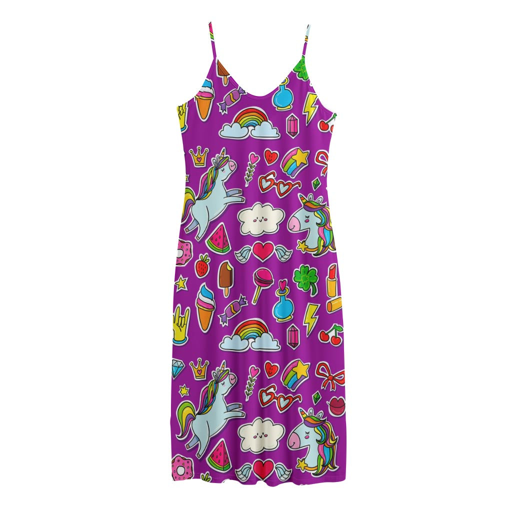 Purple Girly Unicorn Pattern Print Jersey Midi Cami Dress