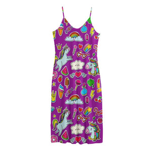 Purple Girly Unicorn Pattern Print Jersey Midi Cami Dress