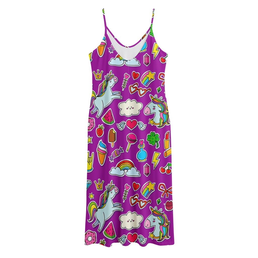 Purple Girly Unicorn Pattern Print Jersey Midi Cami Dress