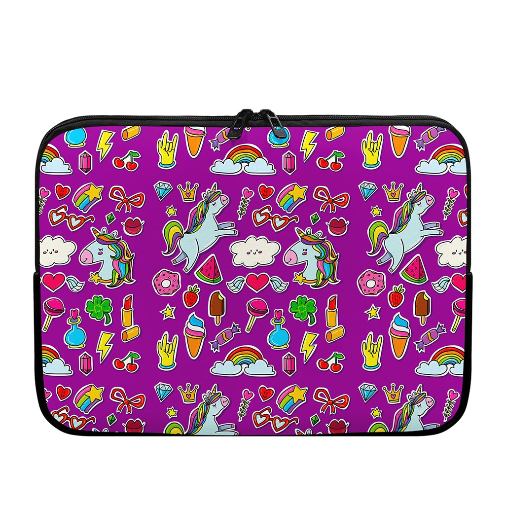 Purple Girly Unicorn Pattern Print Laptop Sleeve