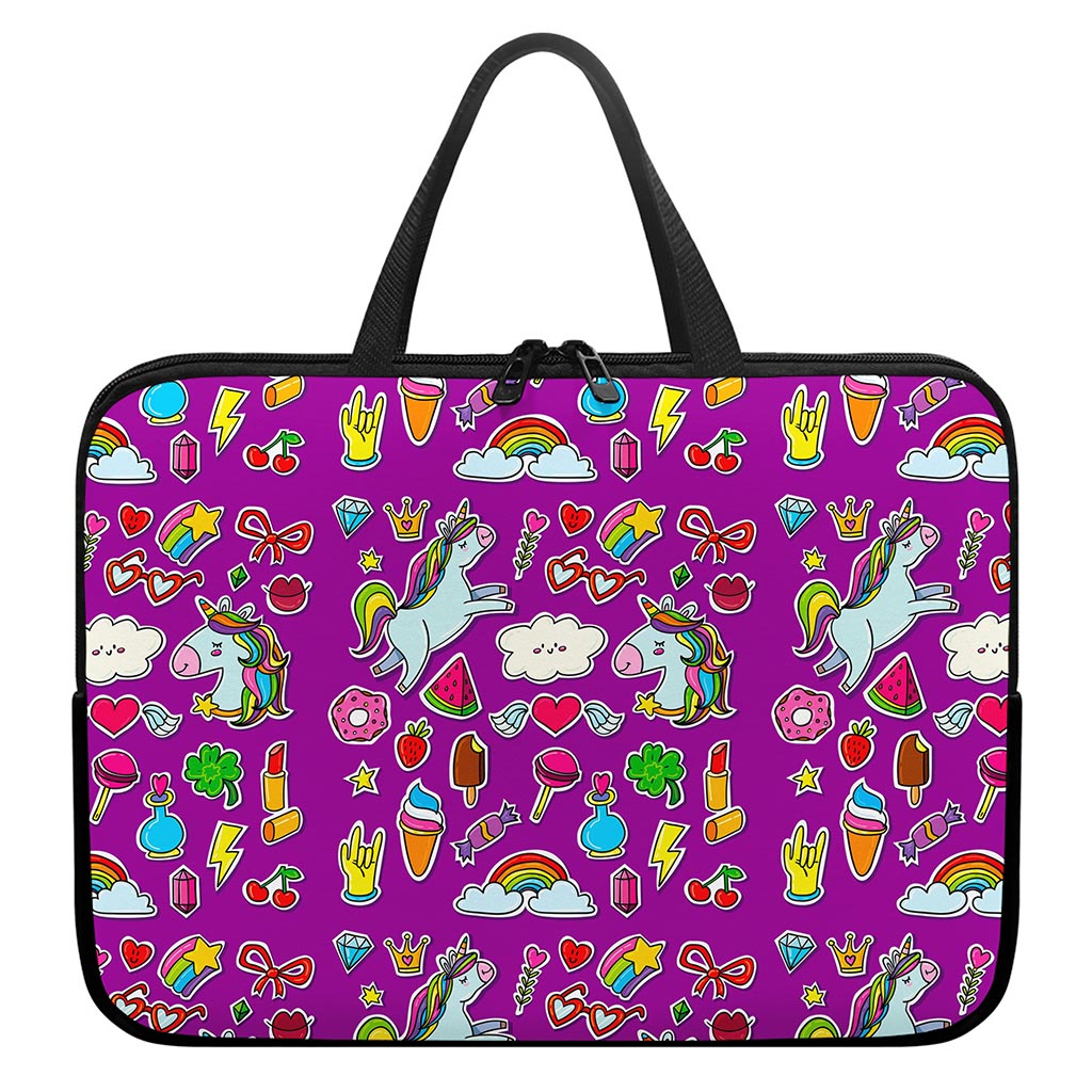 Purple Girly Unicorn Pattern Print Laptop Sleeve With Handle