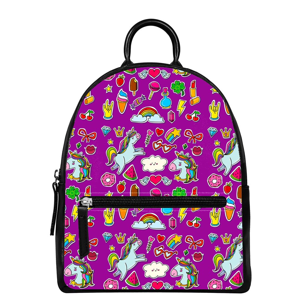 Purple Girly Unicorn Pattern Print Leather Backpack
