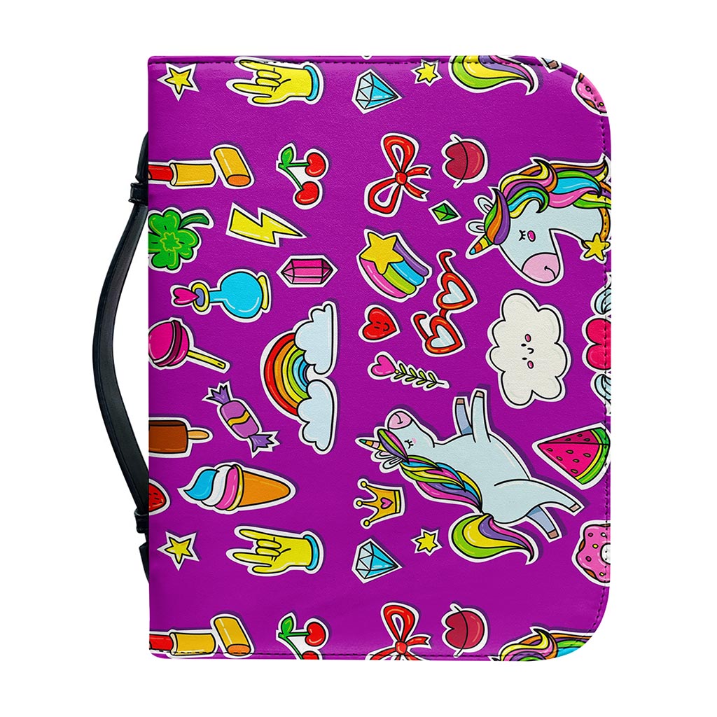Purple Girly Unicorn Pattern Print Leather Bible Cover