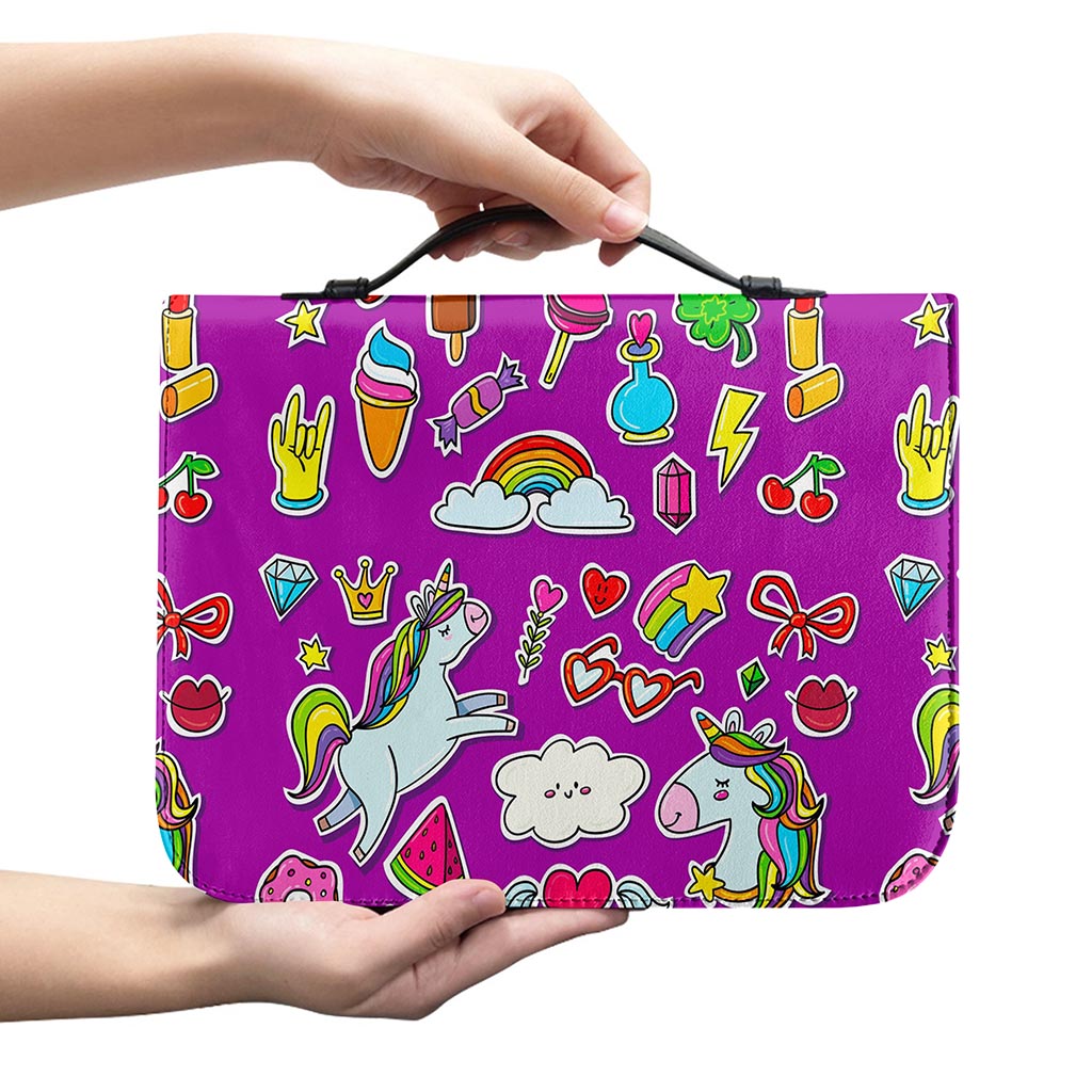 Purple Girly Unicorn Pattern Print Leather Bible Cover