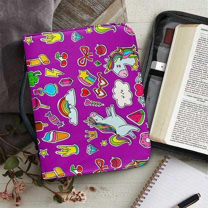 Purple Girly Unicorn Pattern Print Leather Bible Cover