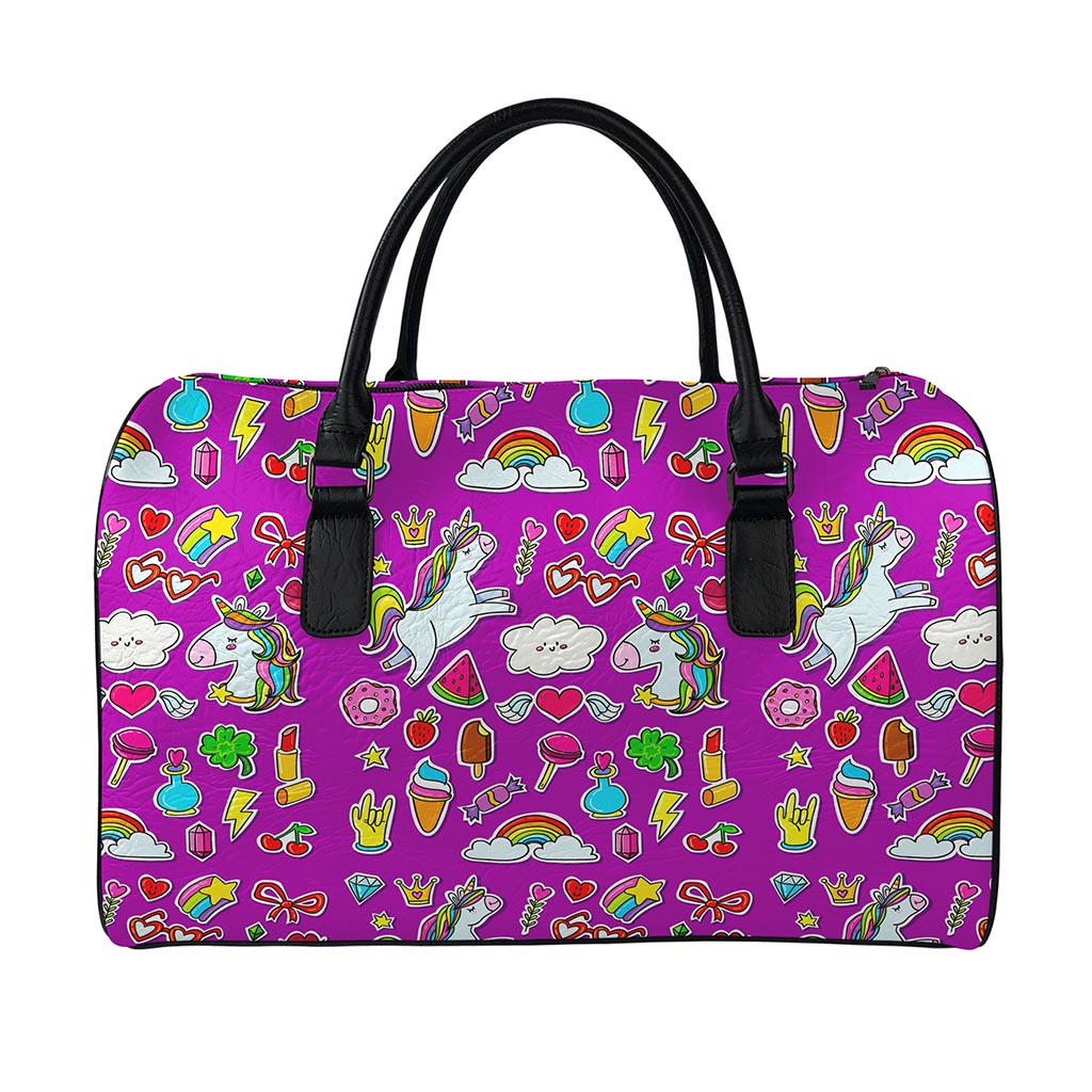 Purple Girly Unicorn Pattern Print Leather Duffle Bag