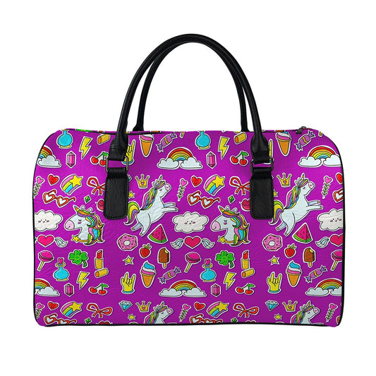 Purple Girly Unicorn Pattern Print Leather Duffle Bag