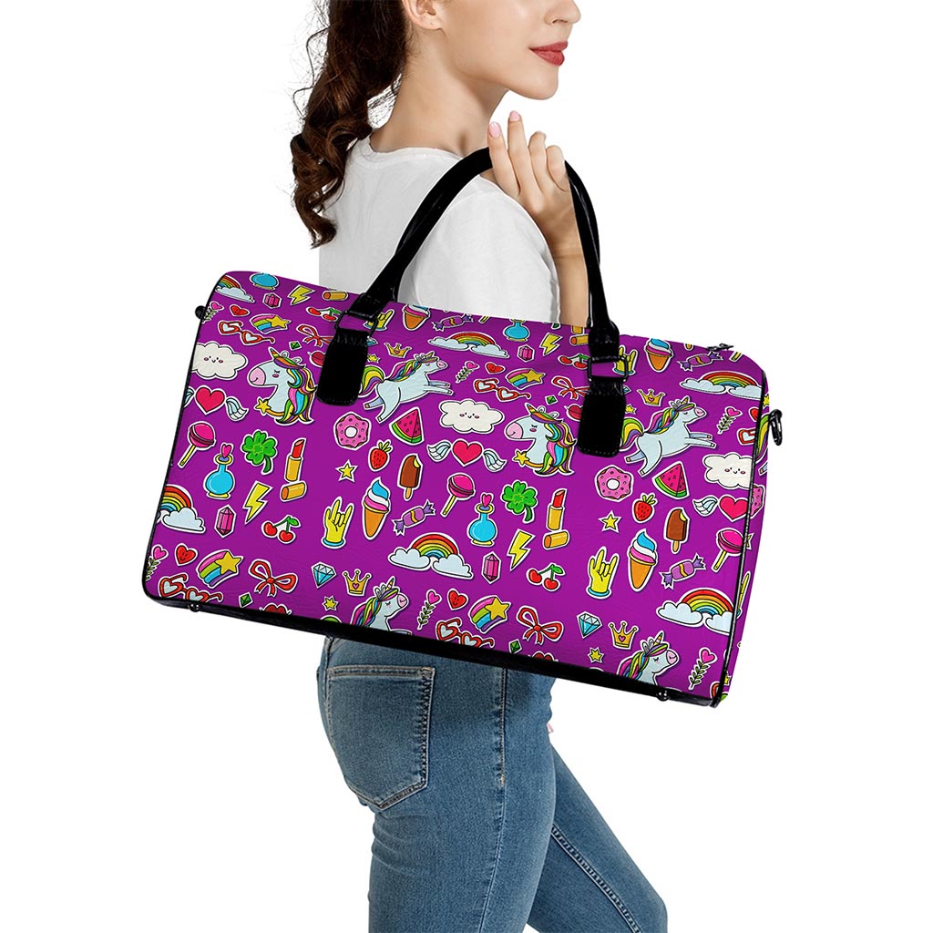 Purple Girly Unicorn Pattern Print Leather Duffle Bag