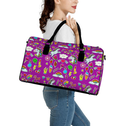 Purple Girly Unicorn Pattern Print Leather Duffle Bag
