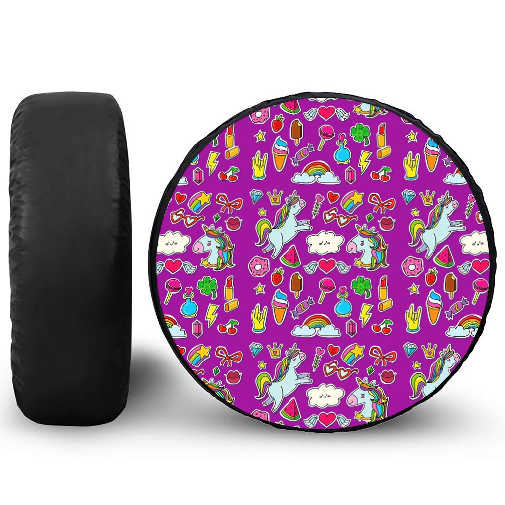 Purple Girly Unicorn Pattern Print Leather Spare Tire Cover
