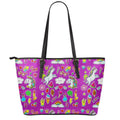 Purple Girly Unicorn Pattern Print Leather Tote Bag With Zipper
