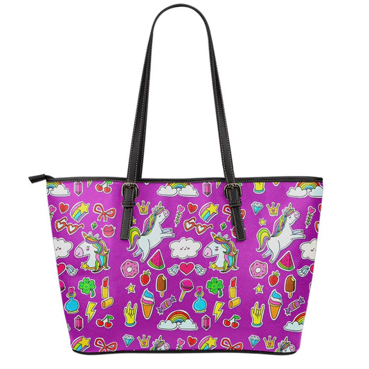 Purple Girly Unicorn Pattern Print Leather Tote Bag