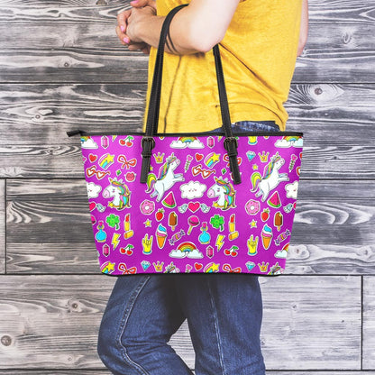 Purple Girly Unicorn Pattern Print Leather Tote Bag