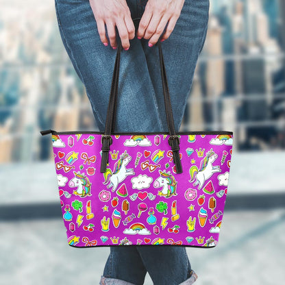 Purple Girly Unicorn Pattern Print Leather Tote Bag
