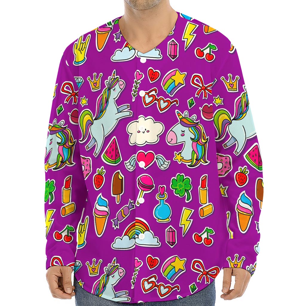 Purple Girly Unicorn Pattern Print Long Sleeve Baseball Jersey