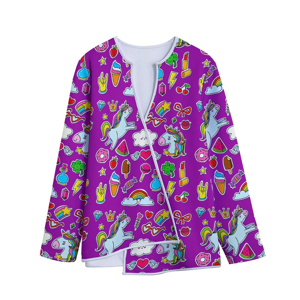 Purple Girly Unicorn Pattern Print Long Sleeve Short Coat