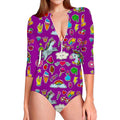 Purple Girly Unicorn Pattern Print Long Sleeve Swimsuit