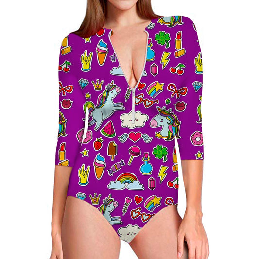 Purple Girly Unicorn Pattern Print Long Sleeve Swimsuit