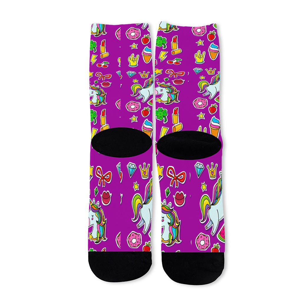 Purple Girly Unicorn Pattern Print Long Socks