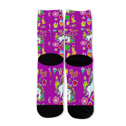 Purple Girly Unicorn Pattern Print Long Socks