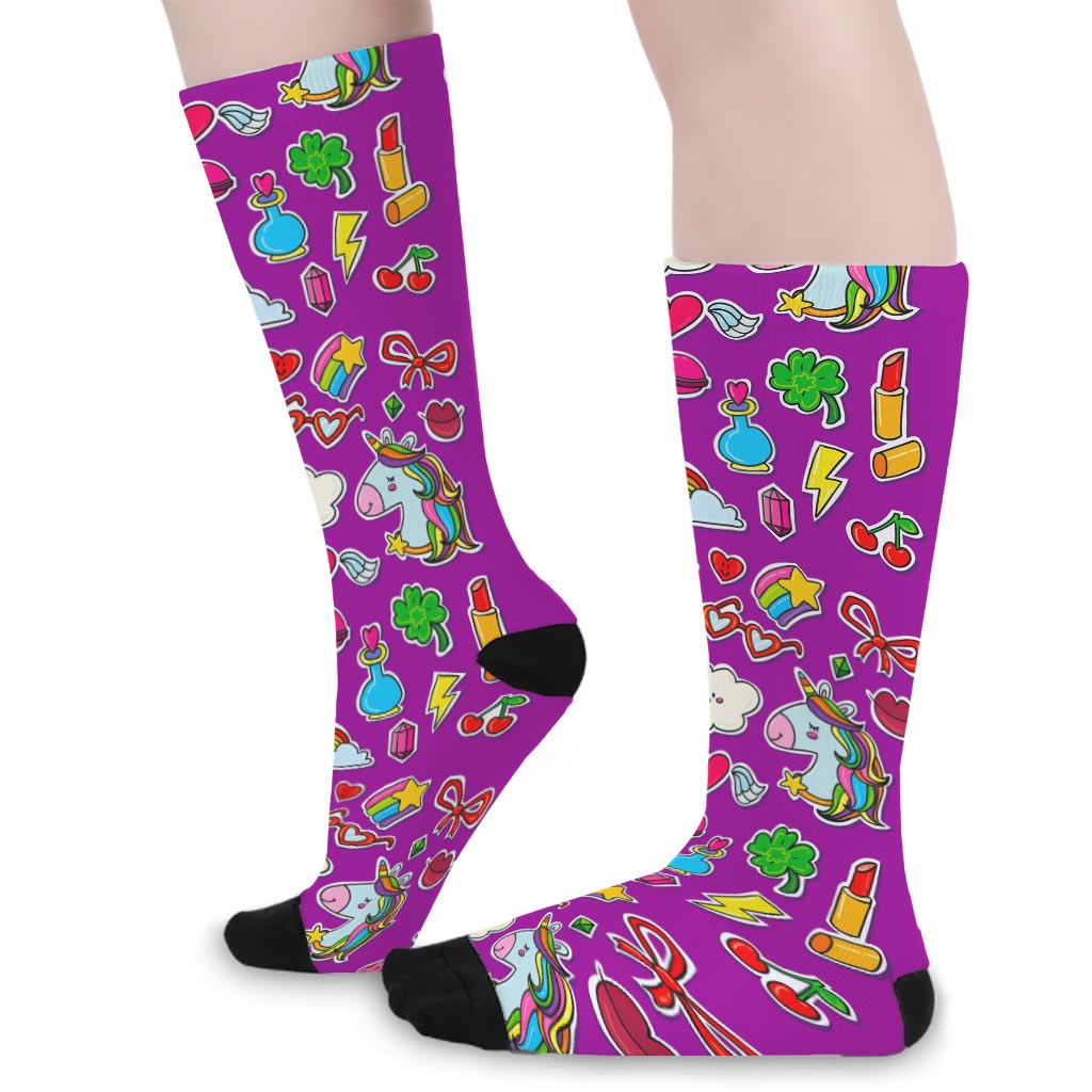 Purple Girly Unicorn Pattern Print Long Socks