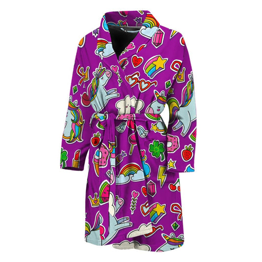 Purple Girly Unicorn Pattern Print Men's Bathrobe