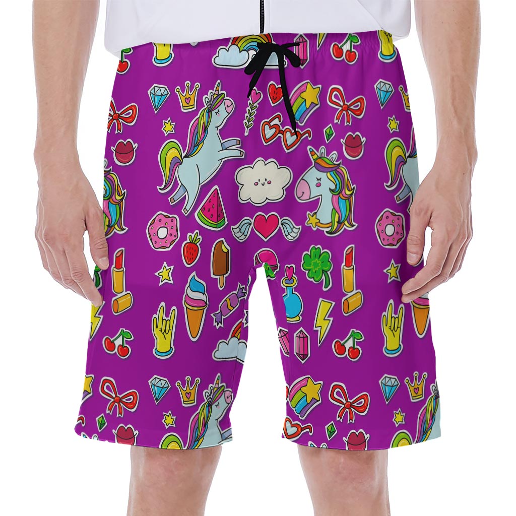 Purple Girly Unicorn Pattern Print Men's Beach Shorts