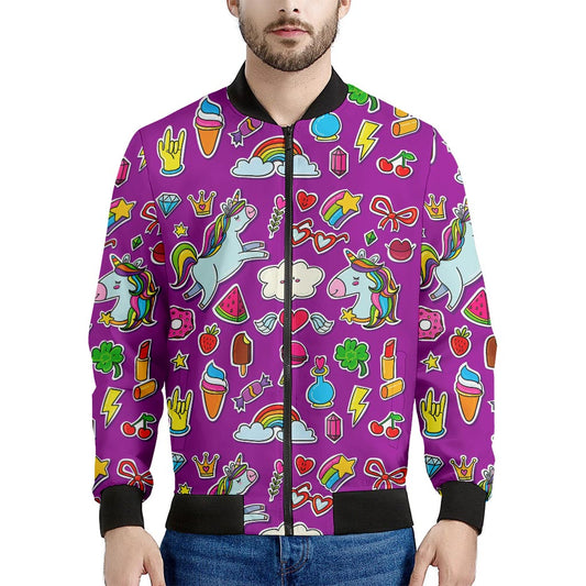 Purple Girly Unicorn Pattern Print Men's Bomber Jacket