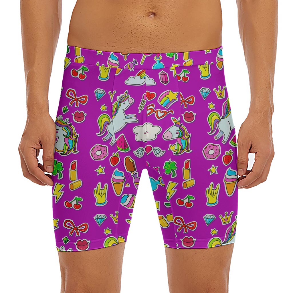 Purple Girly Unicorn Pattern Print Men's Long Boxer Briefs