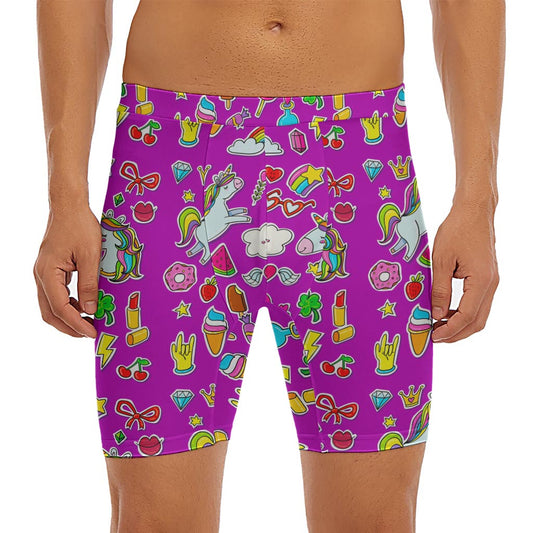 Purple Girly Unicorn Pattern Print Men's Long Boxer Briefs