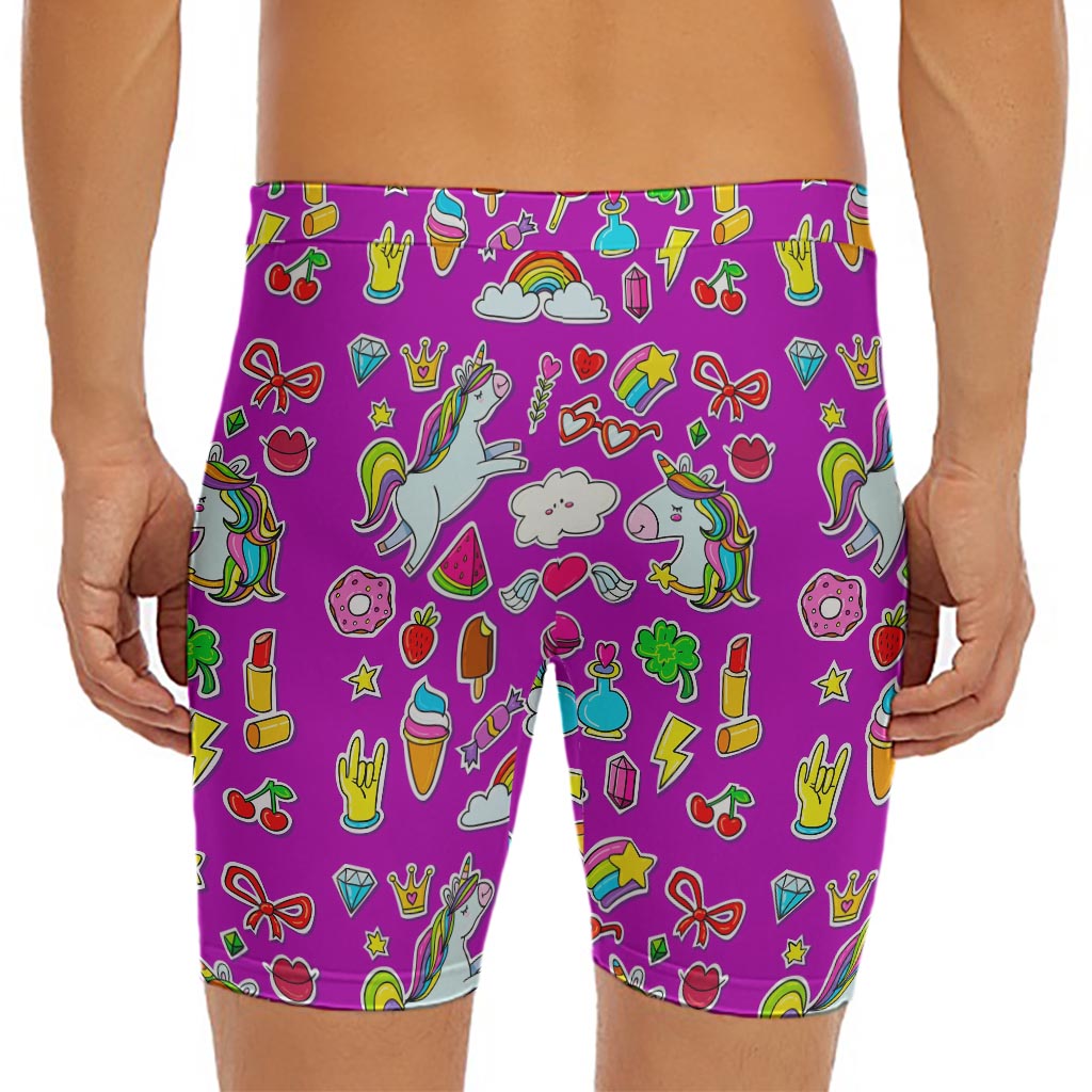 Purple Girly Unicorn Pattern Print Men's Long Boxer Briefs