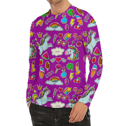 Purple Girly Unicorn Pattern Print Men's Long Sleeve Rash Guard