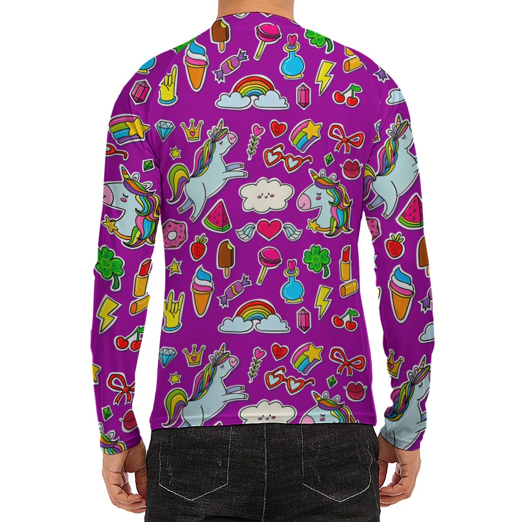 Purple Girly Unicorn Pattern Print Men's Long Sleeve Rash Guard